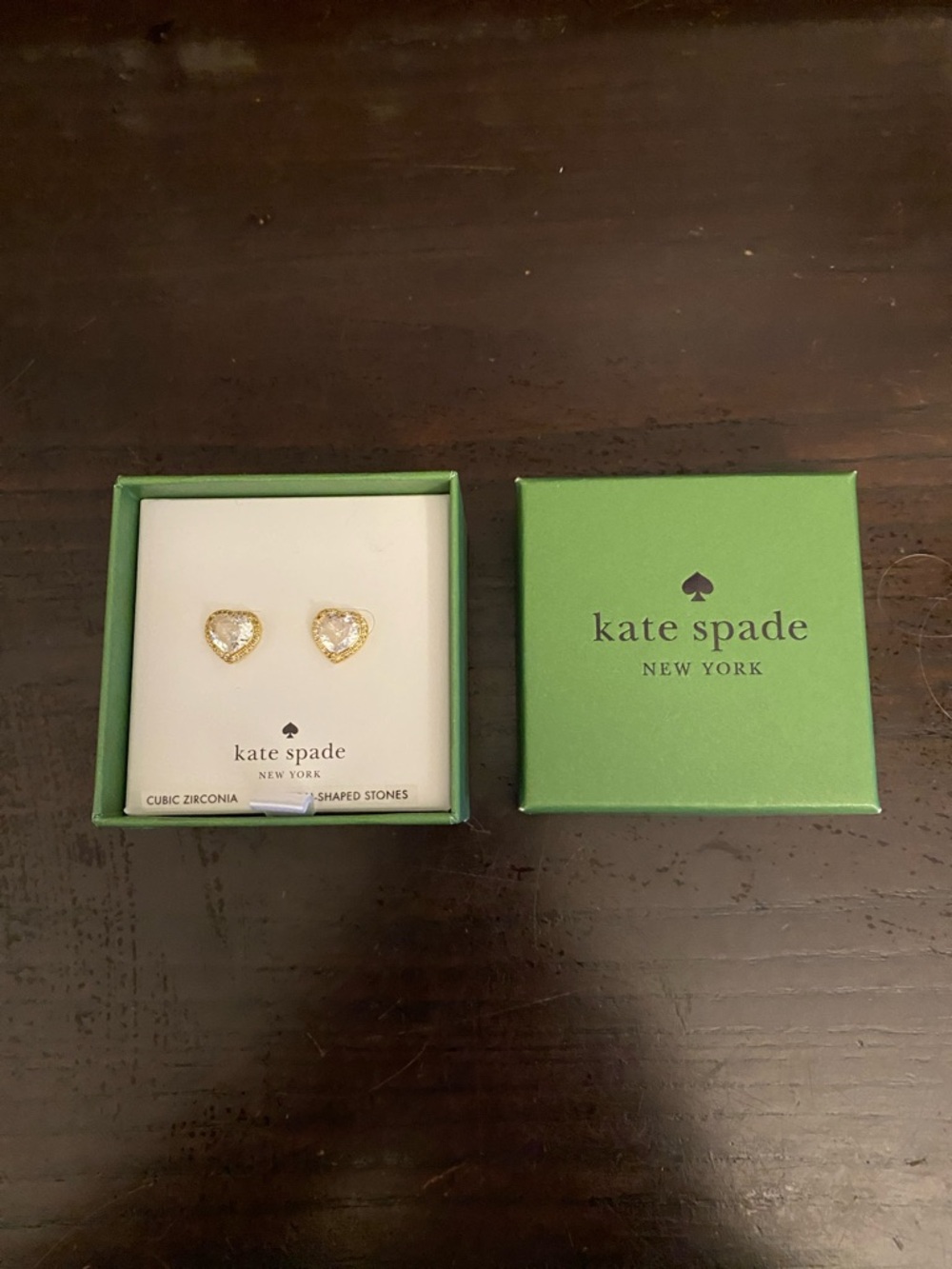 Authentic Kate Spade gold heart stud earrings with cubic zirconia stones